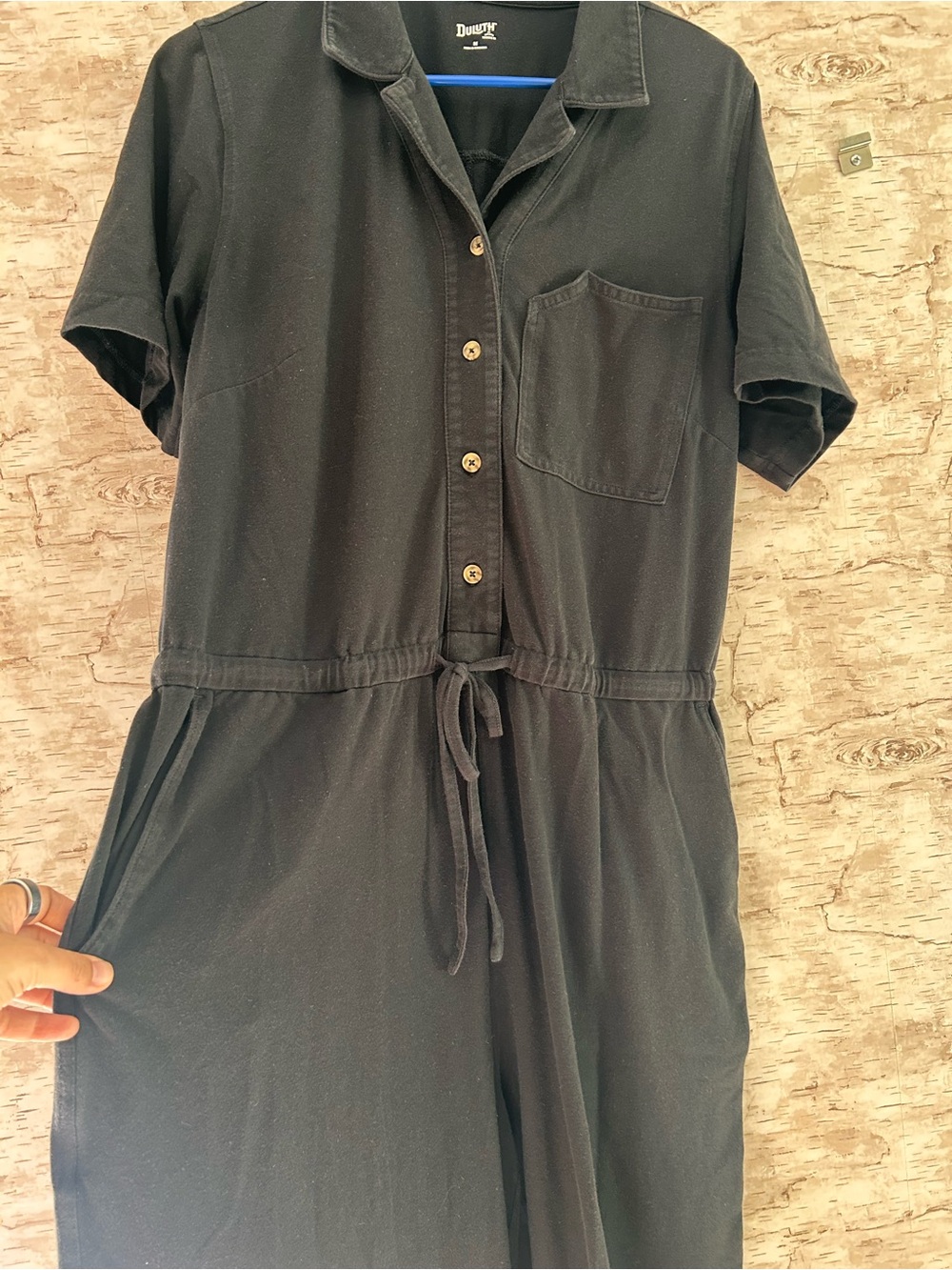 Duluth Trading Co Knit Button Front Tie Waist Knit Cropped Jumpsuit - Picture 4 of 7